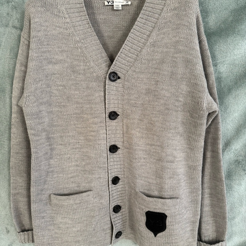 Y-3 Yohji Yamamoto Gray Cardigan Sweater Wool V-Neck Relaxed Fit